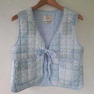 Stoosh XL Blue Quilted Floral Front Tie Vest Slim Fit Womens Vintage Vibes Boho